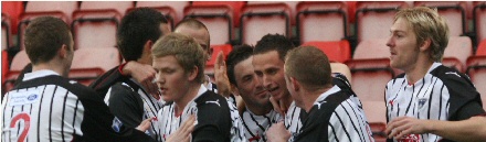 Steven McDougall is congratulated for his first Dunfermline goal