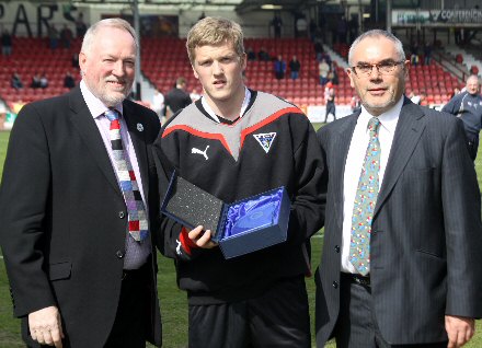 Willie Gibson received the 2009-10 Centenary Club Player of the Year Award from Pete Campbell and John Swift