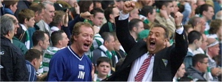 Jimmy Nicholl and Jimmy Calderwood celebrate a Pars win at Celtic Park